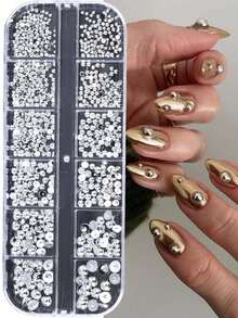 12-Grid Gold & Silver Pearl Nail Art Decor, Mixed Size Faux Pearl Half-Sphere Flat Back Nail Decorations, DIY Handmade Y2K Christmas Nail Accessories - Multicolor - View 5