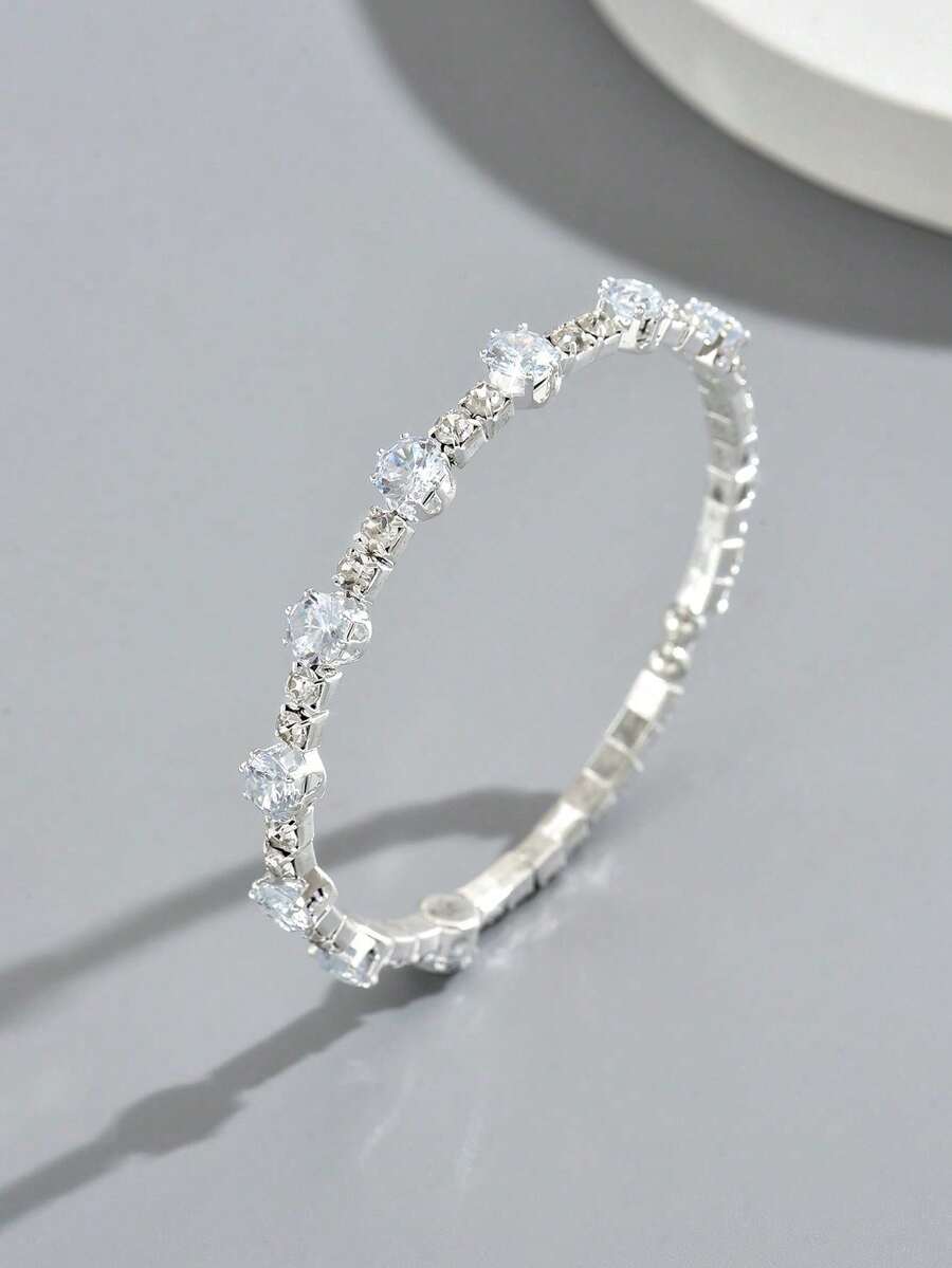 1pc Luxury Alloy Elastic Women's Bracelet Inlaid With Transparent Faux Rhinestone Silver Color Suitable For Wedding Party - Silver B1070 - View 1