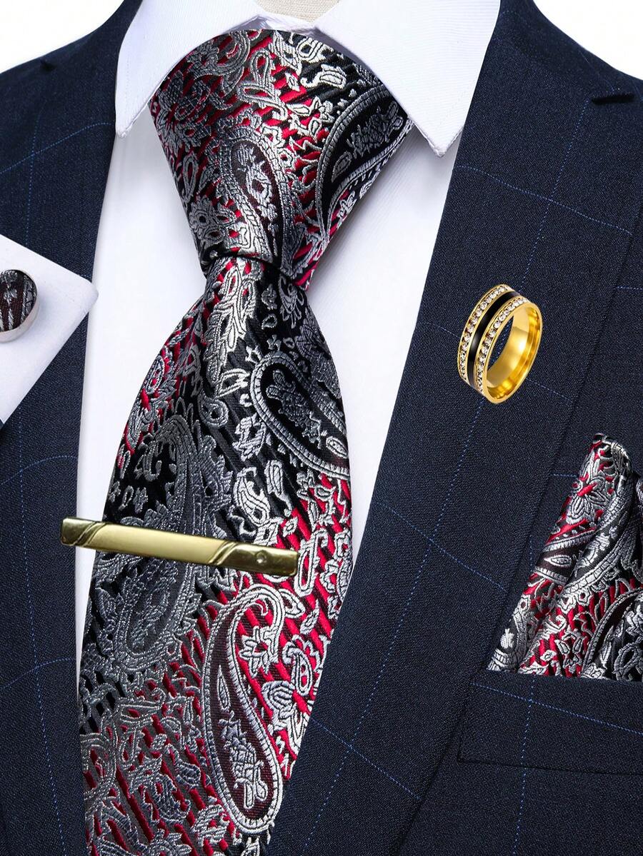 5Pcs Men Black Red Gradient Paisley Jacquard Tie Pocket Square Cufflinks Tie Clip Ring Set, Cufflinks Pattern Random For Wedding - Red - View 1