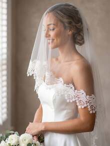 1 Pc 2 Tier Wedding Veil Fingertip Length Lace Applique Bridal Veil Blusher Veil With Metal Comb For Brides - Multicolor - View 5