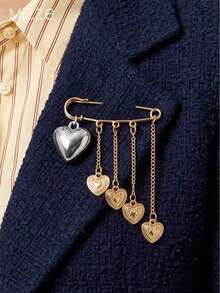 1-Piece Women's Large Brooch With Sweet And Cool Mixed Style, Gold And Silver Two-Tone Alloy, Decorated With Large And Small Heart Chain Pendants - Multicolor - View 1