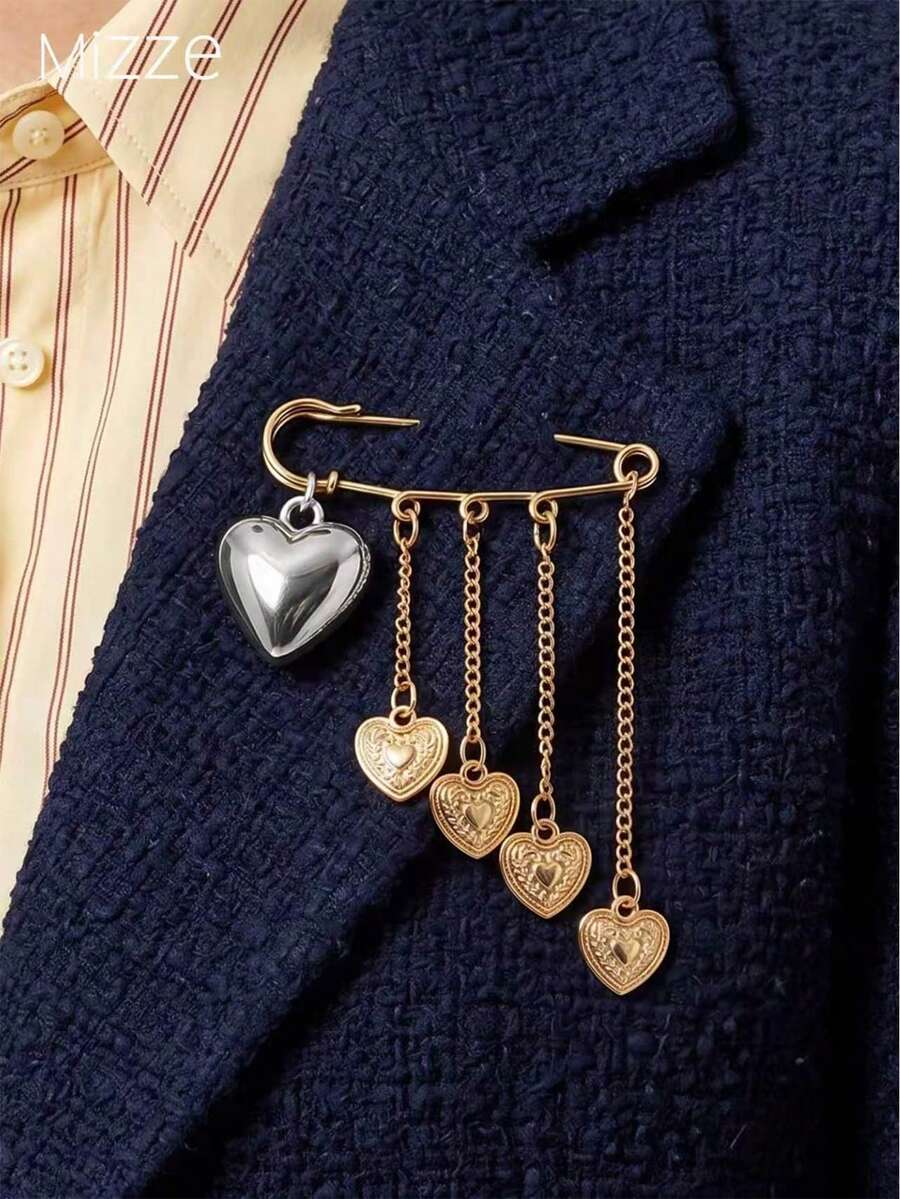 1-Piece Women's Large Brooch With Sweet And Cool Mixed Style, Gold And Silver Two-Tone Alloy, Decorated With Large And Small Heart Chain Pendants - Multicolor - View 1