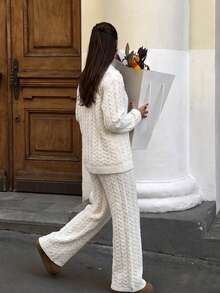 VIBEWAVE White Collared Tie-Up Cable Knit 2 Pieces Set, European & American Casual Relaxed Style Cable Long Sleeve Top + Wide Leg Pants, Spring/Autumn Home, Cafe, Travel Slouchy Outfit Set - White - View 5
