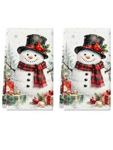 Handuk Tangan Dekoratif Motif Cetak Cat Air Boneka Salju Natal untuk Dapur dan Kamar Mandi, Dekorasi Rumah Liburan Natal, Hadiah dengan Pola Pohon Pinus, Kepingan Salju, Holly, Kardinal Merah, Musim Dingin - MultiWarna - View 3