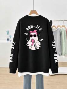 Sweatshirt Patchwork 2 in 1 Ukuran Plus Wanita, Motif Hantu & Kelelawar Kartun, Huruf di Lengan & Badan, Pullover Lengan Panjang Kerah Bulat dengan Bahu Jatuh Longgar - Hitam - View 12