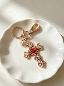 1pc Luxury Exquisite Rhinestone Heart Cross Car Keychain, Metal Cute Pearl Unisex Couple Bag Pendant Key Chain Ring Fashion Small Gift Design Bag Accessory - Multicolor - View 2