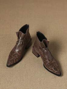 Women's Leopard Print Patchwork Pointed Toe Ankle Boots, Back Zipper Chunky Heel Retro Elegant Niche Design Fashion Boots For Autumn/Winter - Brown - View 2