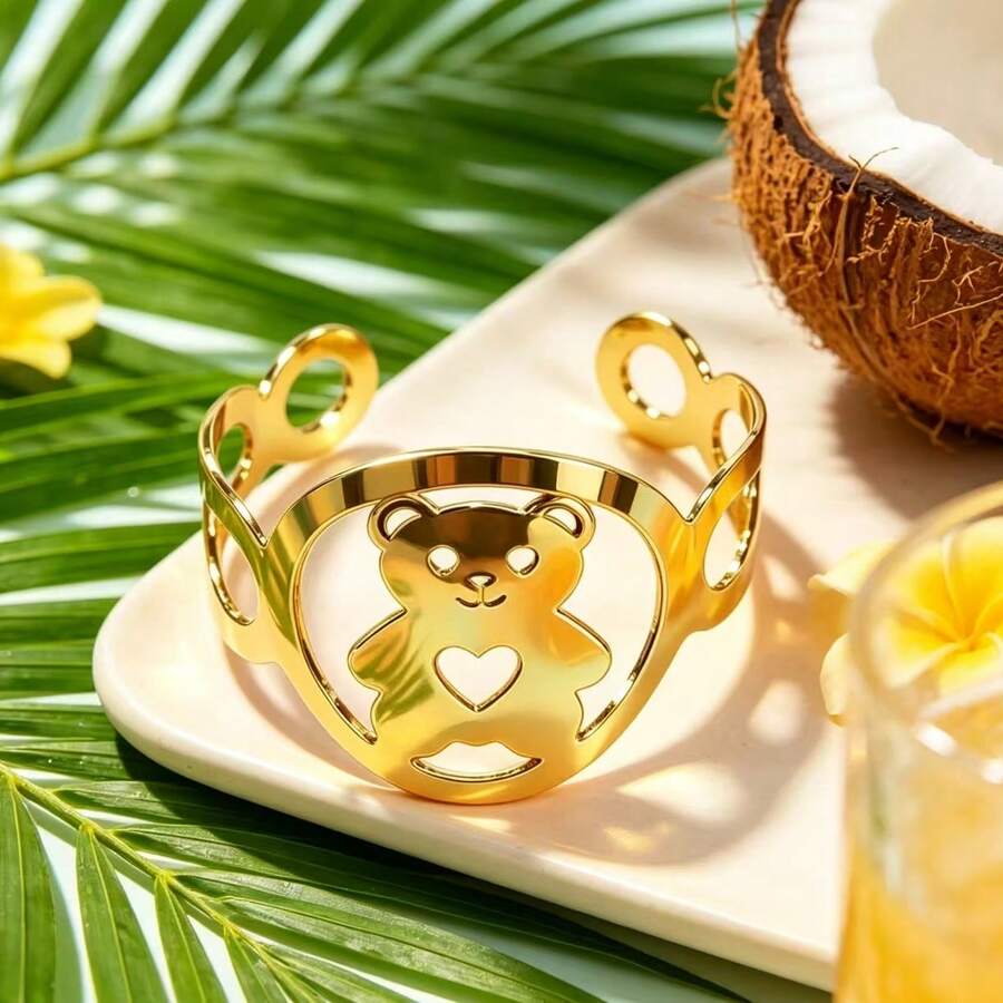 Bear Heart Hollow Open Cuff Bracelet, Adjustable Alloy Bangle For Women - Gold - View 1