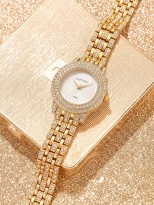 JUSMI Women's Gold-Tone Rhinestone Round Quartz Watch Bling Bling Luxury Wristwatch Gift For Her Birthday Christmas - Gold - View 4