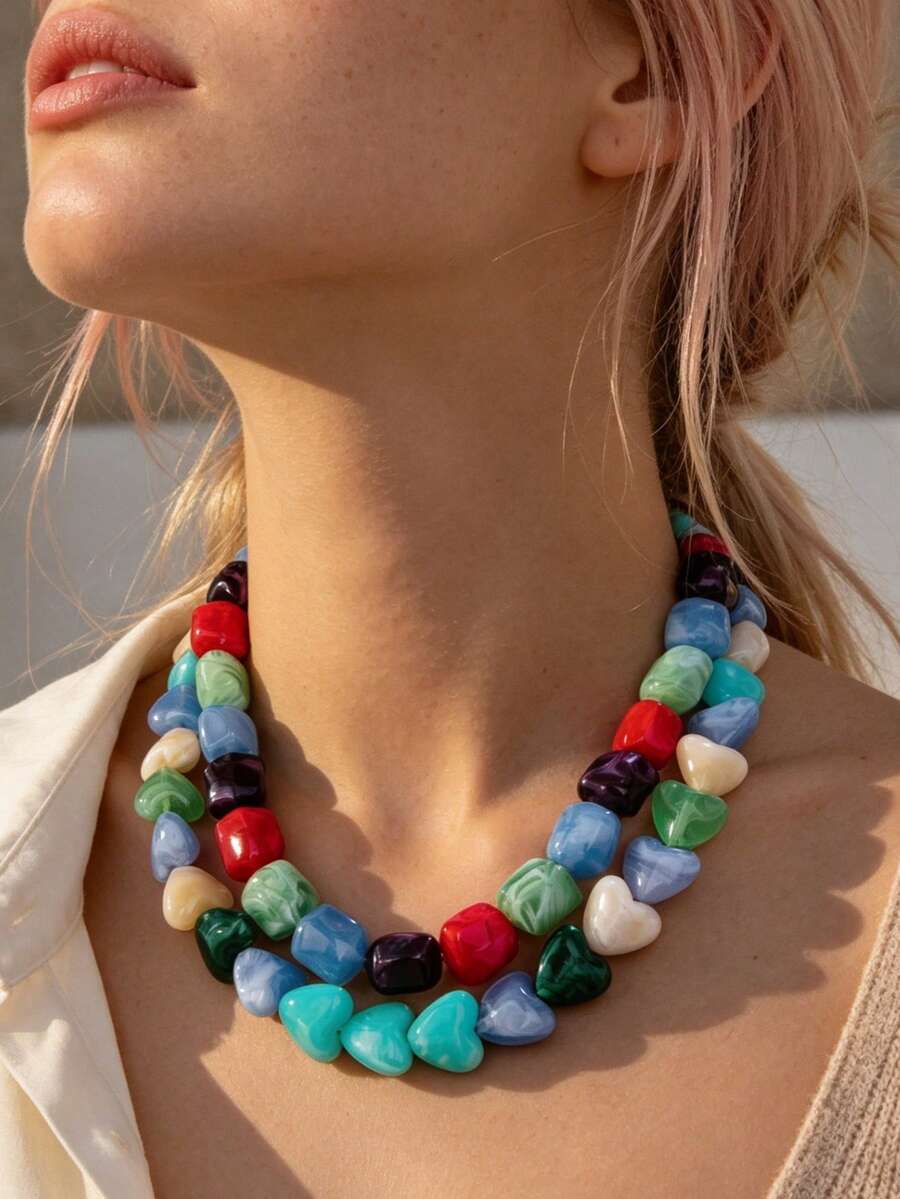 OABE 2pcs/Set Bohemian Style Colorful Heart And Asymmetrical Shape Handmade Mixed Beaded Necklace Layered Design Suitable For Women Daily Wear, Bead Shape And Color Random - Colorful - View 1