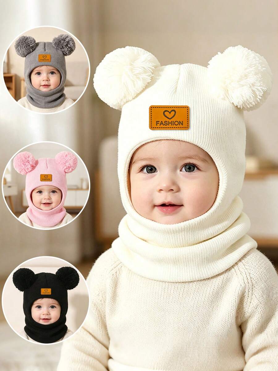 2-Ball Solid Color Baby Knitted Hat, Ear-Protective Knitted Hat & Scarf 2-In-1, Autumn/Winter Children's Hat - Multicolor - View 1