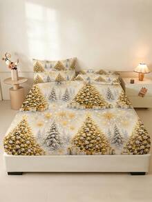 1PC Gold Christmas Tree Print Fitted Sheet (Fitted Sheet Only, No Pillowcase), Soft Bedroom Bedding, Suitable For Bedroom, Guest Room, School Dormitory, Easy To Remove And Machine Washable All Season Mattress Protector, Perfect Christmas Gift For Parents And Friends - Multicolor - View 5