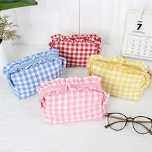 Bolsa de maquillaje estilo coreano con diseño de borde fruncido, patrón de cuadros fresco y gran capacidad de almacenamiento. - Multicolor - Ver 3