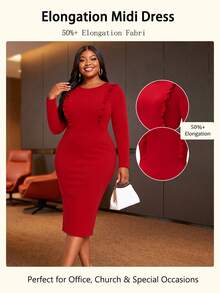 NOU Women's Mid-Length Fitted Dress, Round Neck, Long Sleeve, Double-Layer Ruffle Front, Stretchy Fabric, Comfortable And Non-Restrictive - Red - View 8