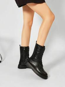 Women's Ruched Faux Leather Mid-Calf Boots Round Toe Front Lace-Up Back Zipper Platform Thick Sole Black Casual Fashion Work Boots - Black - View 4