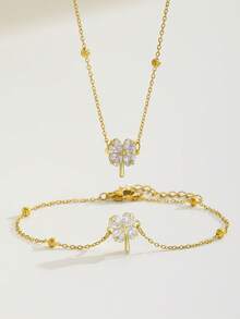 2pcs Kids Jewelry Set Gold Rhinestone Four-Leaf Clover Necklace & Bracelet Shiny Pendant Chain Birthday Party Back To School Outfit Gift For Girls Boys - Gold - View 5