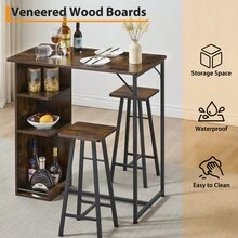 3-Piece Bar Table & Chairs Set For 2 With 3-Tier Storage Shelves – Space-Saving Counter Height Dining Table For Small Apartment, Kitchen, Or Living Room - Black - View 3