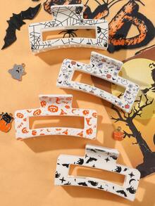 4pcs Halloween Ghost Pumpkin Spider Print Square Hair Claw Clips Party Atmosphere Festival Hair Accessories - Multicolor - View 2