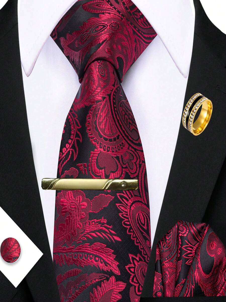 5Pcs Men Red Tropical Plant Jacquard Tie Pocket Square Cufflinks Tie Clip Ring Set, Cufflinks Pattern Random For Wedding - Red - View 1