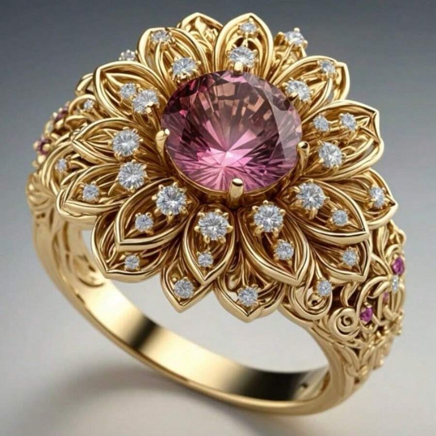 Women Vintage Hollow Flower Ring, Multi-Layer Petals Inlaid With Red Synthetic Zirconia, Intricately Carved Band, Exquisite Statement Jewelry For Banque - Multicolor - View 1