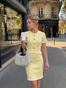 Women's Ribbed Knit Dress Set, Short Sleeve Cropped Top With Fitted Bodycon Skirt, Ruffle Trim And Decorative Buttons, Casual With Slight Stretch - Yellow - View 2