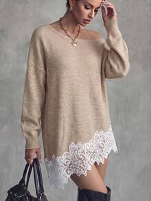 Women's Casual Elegant Asymmetrical Shoulder Flare Sleeve Contrast Color Lace Dress, Apricot, Suitable For Outings, Office, Autumn/Winter Daily Wear - White Apricot - View 5