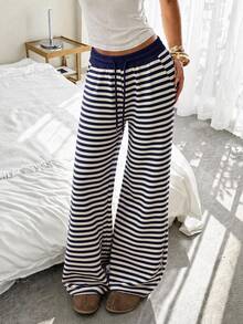 Casual Fashion Versatile Striped Drawstring Loose Fit Women's Long Pants, New Autumn/Winter Style, Suitable For Daily Commute - Blue - View 1