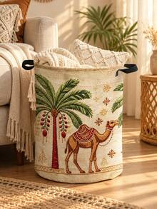 Decorative Bohemian Style Laundry Basket, Round Laundry Basket, Craft And Sewing Supplies Storage, Camel And Date Palm Tree Pattern - Suitable For Bathroom Storage, Bedside Storage With Sturdy Handles, Storage Basket For Room Decor, 2D Flat Laundry Basket - Multicolor - View 1