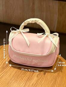 1pc Sweet Style Cosmetic Bag, Faux Leather Makeup Organizer, Desktop Beauty Storage Bag, Travel Toiletry Storage Pouch, Rectangular With Ribbon Handle Design, For Cosmetics, Skincare, Bedroom, Travel, Daily Holiday Use,Christmas,Christmas Present - Multicolor - View 11