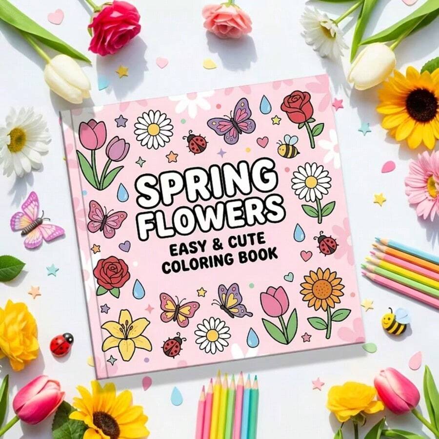 2026 Upgraded Spring Floral Coloring Book, Size: 7.87*7.87 Inches, 24 Pages Simple Cute Flower & Butterfly Theme - Multiple Styles - View 1