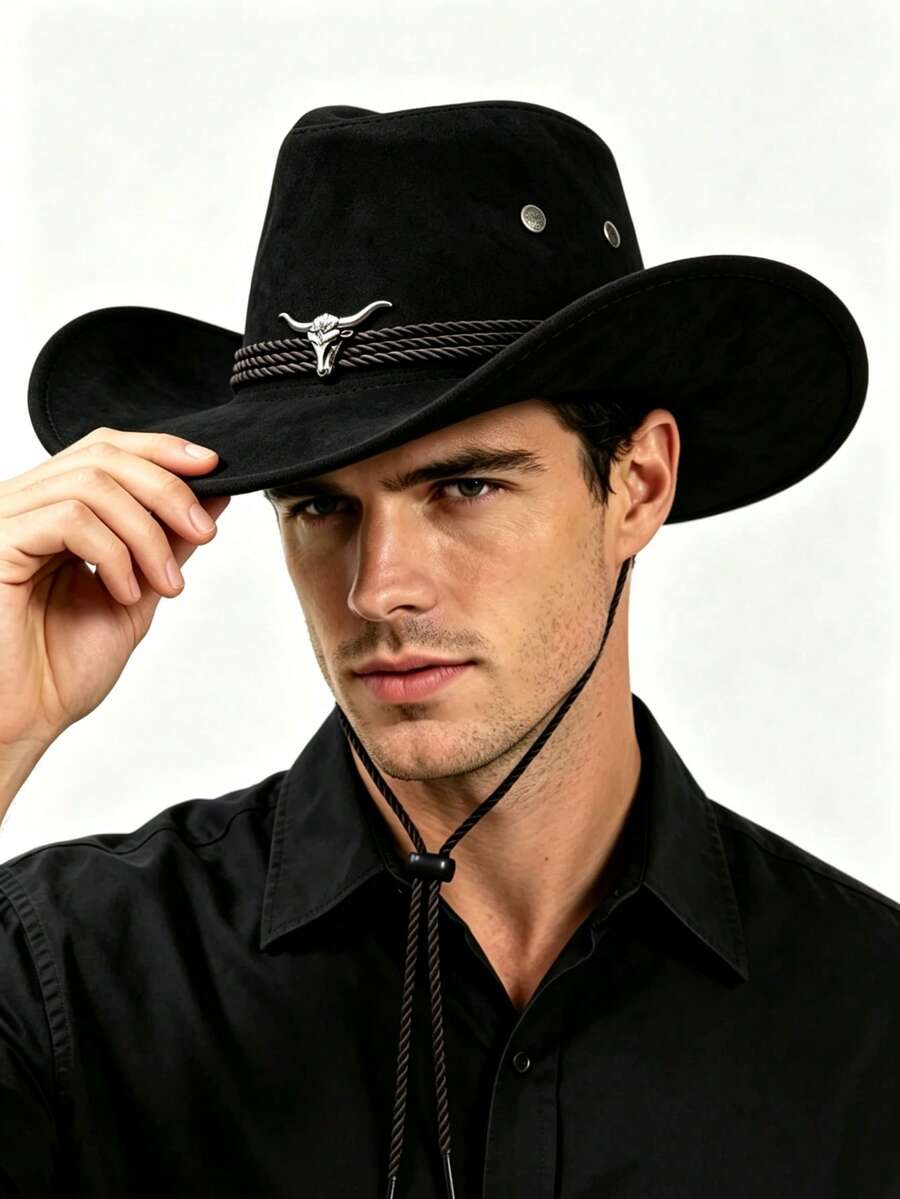 Unisex Western Cowboy Hat, Bull Head Decor Wide Brim Felt Hat ...