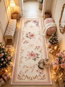 1pc Light Pink Floral Runner Rug, Hallway Long Carpet, Area Rug, Home Decor, Living Room Carpet, Room Decoration, Washable Rug, Christmas Gift - Light Pink Floral - View 2