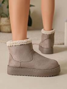 Women's Solid Color Faux Suede Thick Sole Ankle Boots, Beige Curly Fur Collar With Side Zipper Decor Thick Sole Ankle Boots - Grey - View 4