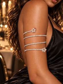 XYHEALER 1pc Rhinestone Arm Cuff Bracelet For Women, Sparkling Crystal Spiral Armlet With Star And Flower Details, Elegant Statement Jewelry For Party Wedding - Multicolor - View 8