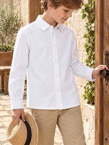 Tween Boy Classic College Style Casual/Formal Long Sleeve Shirt With Pocket Patch, White - White - View 3