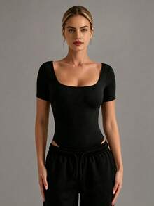 XLLAIS High Elasticity Square Neck Short Sleeve Black Jumpsuit, Athletic Casual Tight Fit Sports Summer - Black - View 1