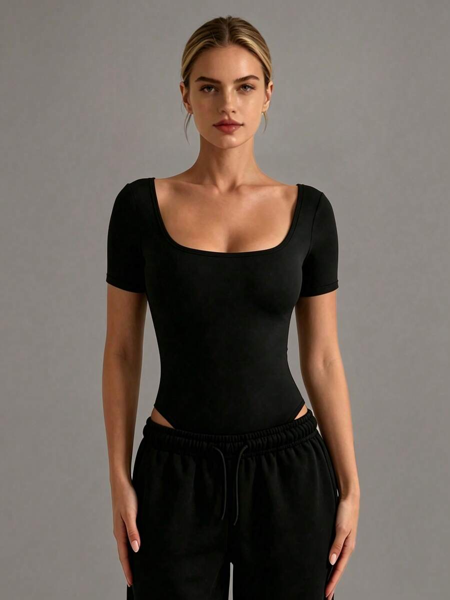 XLLAIS High Elasticity Square Neck Short Sleeve Black Jumpsuit, Athletic Casual Tight Fit Sports Summer - Black - View 1