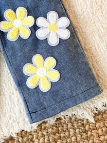 1pc Baby Girl Sweet Floral Applique Blue Long Pants, Casual Vacation Autumn Style - Light Wash - View 3