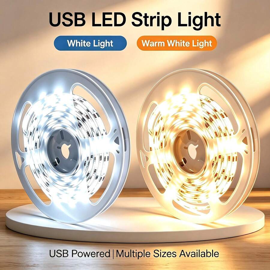USB LED Light Strip, White & Warm White Indoor Background Light With Push-Button Controller, Easy Installation For Living Room, Holiday Party, Home Decoration - Multicolor - View 1