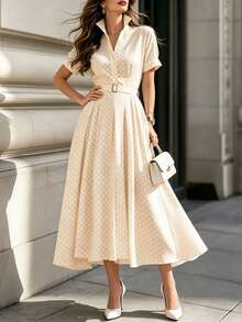 DONICY Women's Beige Polka Dot Lapel Short Sleeve Belted Mid-Length Dress, Elegant For Office And Casual Daily Wear - Apricot - View 3
