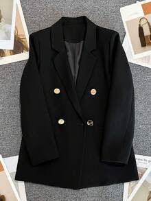 Spring/Summer Women's Solid Color Long Sleeve Double-Breasted Blazer, Notch Lapel | Suitable For Dates, Parties, Outings And Holiday Celebrations - Matte Black - View 5