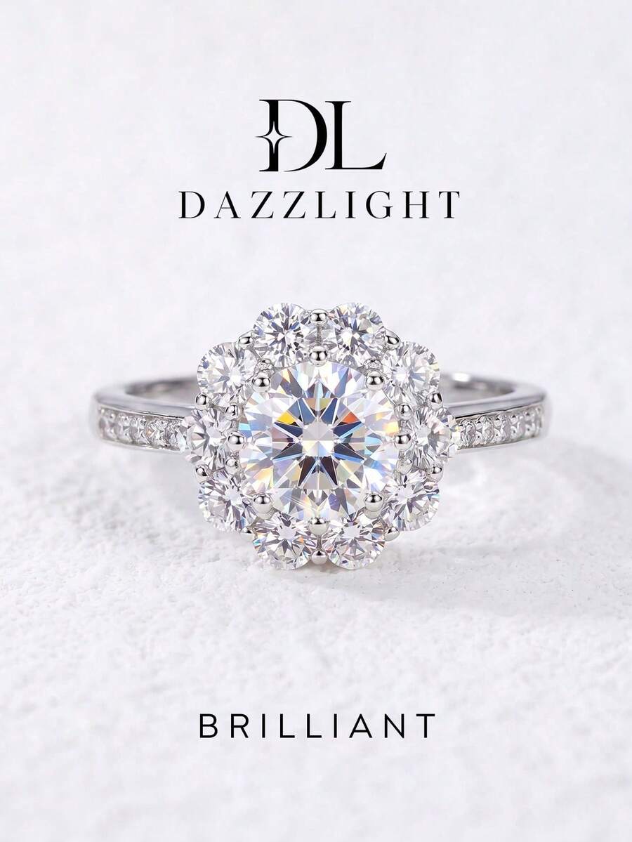 1pc Moissanite Ring Romantic 1CT Round Sunflower Halo Ring Perfect For Women's Parties And Daily Wear - Round Moissanite Ring-1ct - View 1
