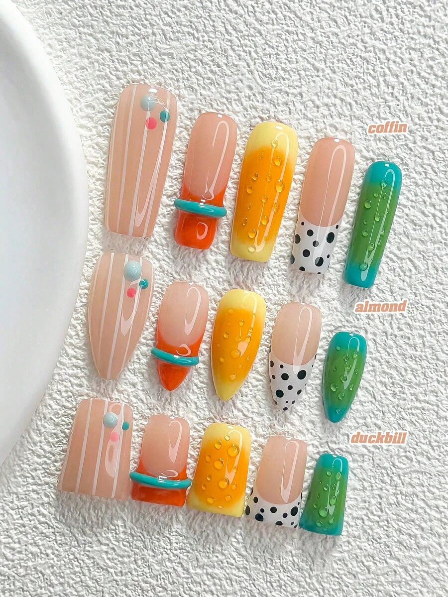 秋季 10片/組 手工穿戴式美甲,波點橘色凝膠美甲藝術套組,甜美俏皮少女風,3種尺寸可選:杏仁/鴨嘴/棺材形,適合派對、跳舞、日常配戴(手工細節可能有所不同) - 彩色 - 查看 1
