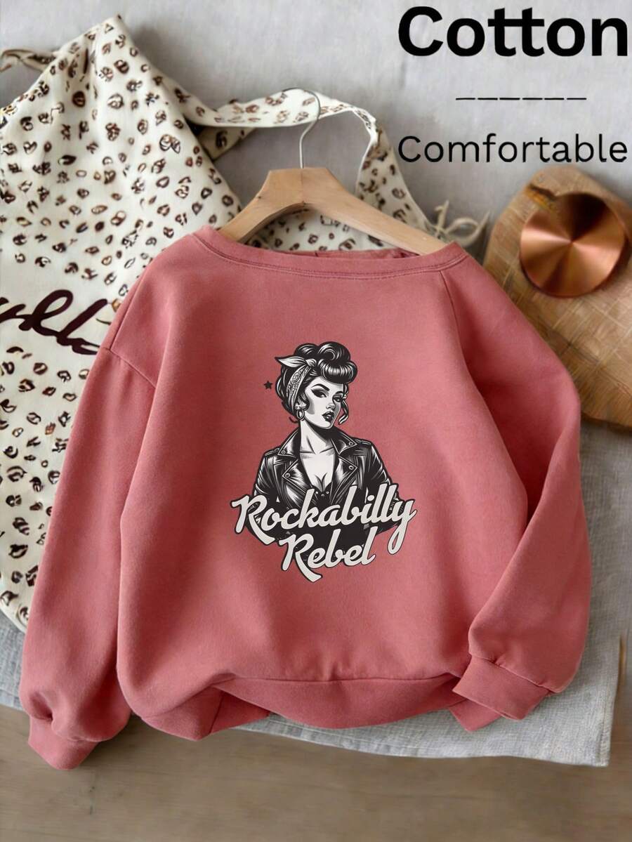 سويت شيرت نسائي بياقة غير متماثلة وطبعة "Rockabilly Rebel" باللون الوردي، كاجوال بأكمام طويلة وأكتاف منسدلة للخريف - وردي غامق - مشاهدة 1