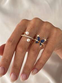 2pcs Fashion Cubic Zirconia Blue & Gold Butterfly Women's Decorative Adjustable Rings - Blue and Gold Set - View 6