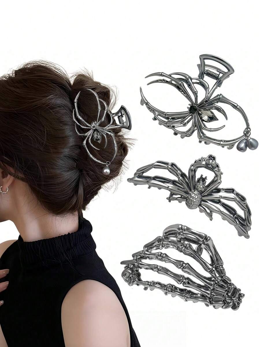 4.5-3PCS Women's Solid Color Halloween Personalized Skull Ghost Claw Alloy Metal Large Hair Claw Clip Suitable For Holiday Daily Use - 3pcs Black - View 1