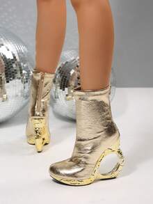 Solid Color Western Style Back Zipper Smooth Finish 2026 High Heel Shoes Holiday Winter - Gold - View 5