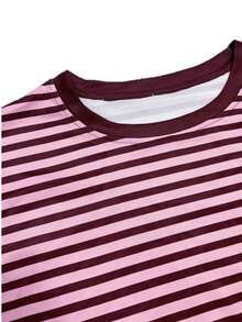 Autumn New Plus Size Casual Commute Daily Round Neck Drop Shoulder Loose Knit Striped Women's T-Shirt Top - Rusty Rose - View 3