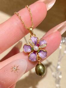 rundraw 1pc Spring/Summer New Enamel Flower Inlaid Zirconia & Faux Pearl Elegant Stainless Steel Chain With Copper Pendant Necklace For Women, Suitable For Party, Gathering, Daily Wear, Ideal Gift For Girlfriend, Best Friend, Valentine's Day And Anniversary - Multicolor - View 2