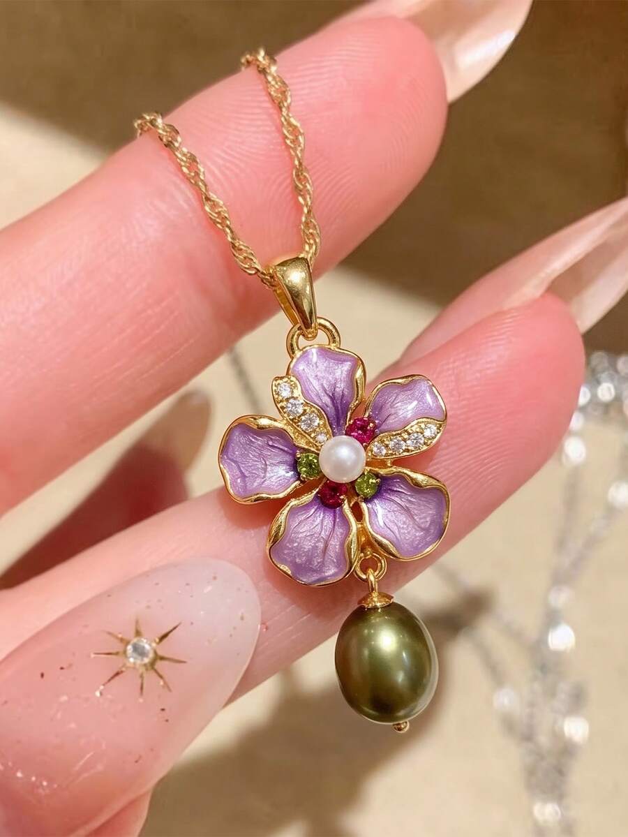 rundraw 1pc Spring/Summer New Enamel Flower Inlaid Zirconia & Faux Pearl Elegant Stainless Steel Chain With Copper Pendant Necklace For Women, Suitable For Party, Gathering, Daily Wear, Ideal Gift For Girlfriend, Best Friend, Valentine's Day And Anniversary